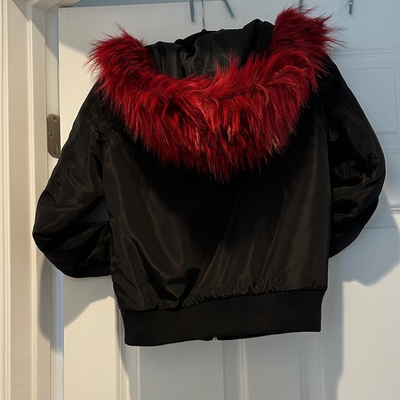 Bagatelle Black Bomber Jacket with Red Fur Collar - Picture 6 of 8